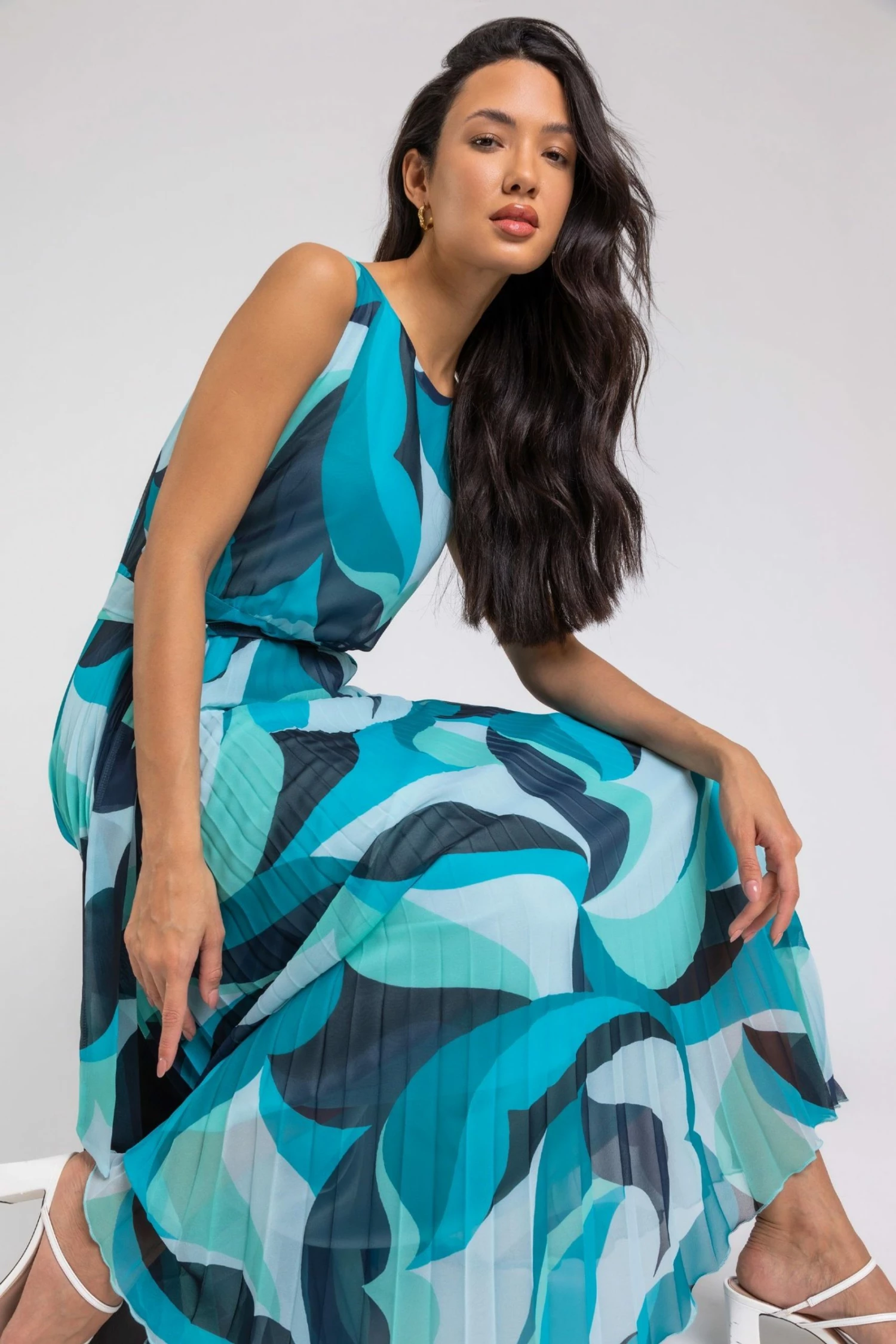 Roman Blue Abstract Print Pleated Maxi Dress 3 Roman Blue Abstract Print Pleated Maxi Dress