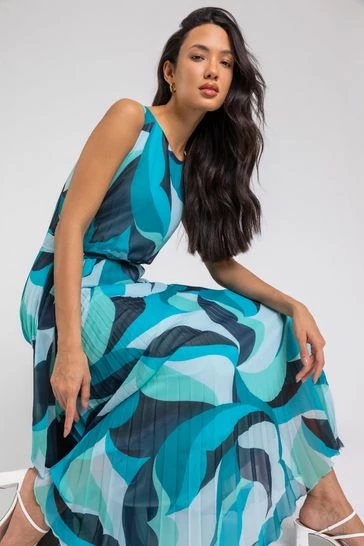 Roman Blue Abstract Print Pleated Maxi Dress 8 Roman Blue Abstract Print Pleated Maxi Dress - Image 6