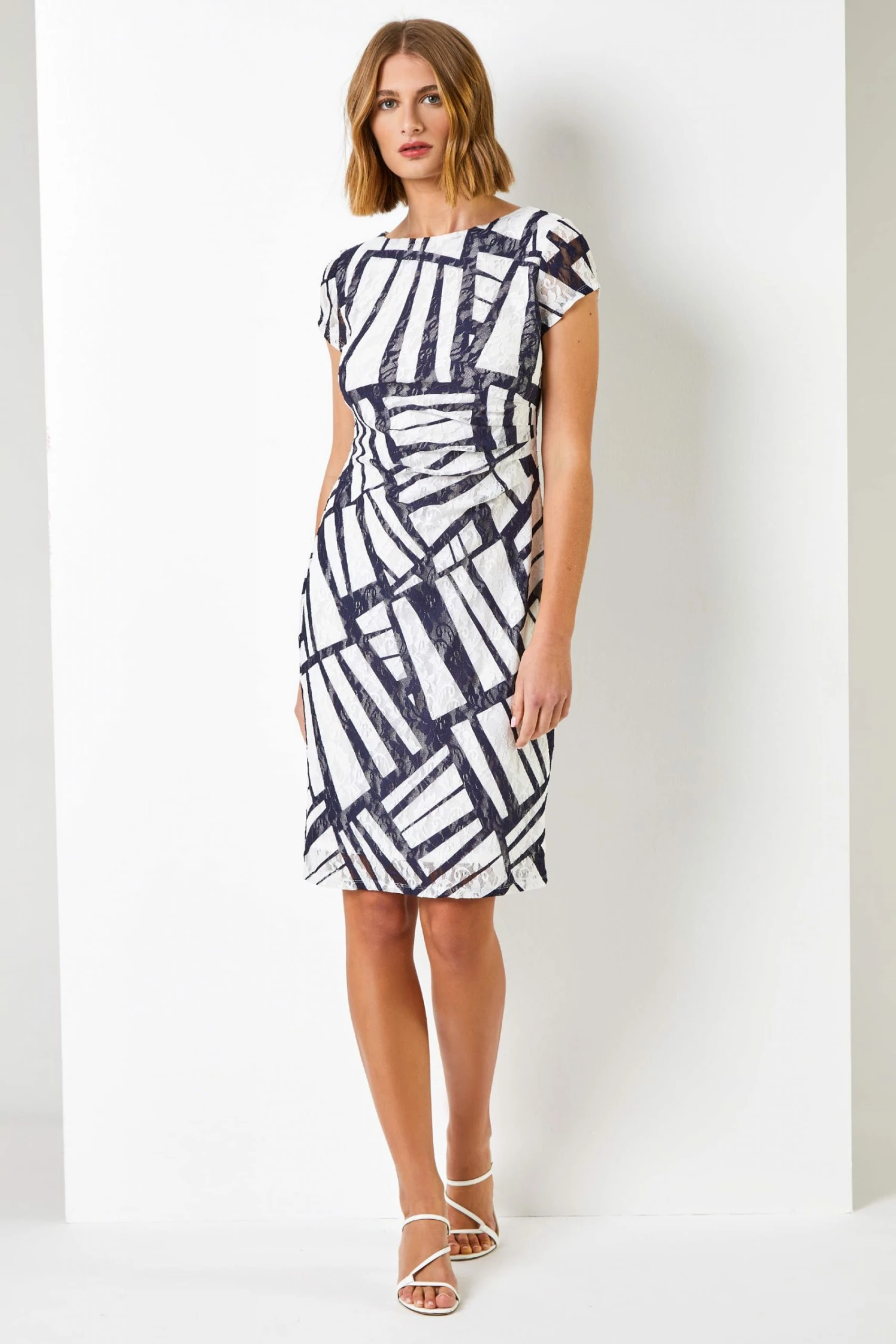 Roman Blue Contrast Print Ruched Lace Dress 4 Roman Blue Contrast Print Ruched Lace Dress - Image 2