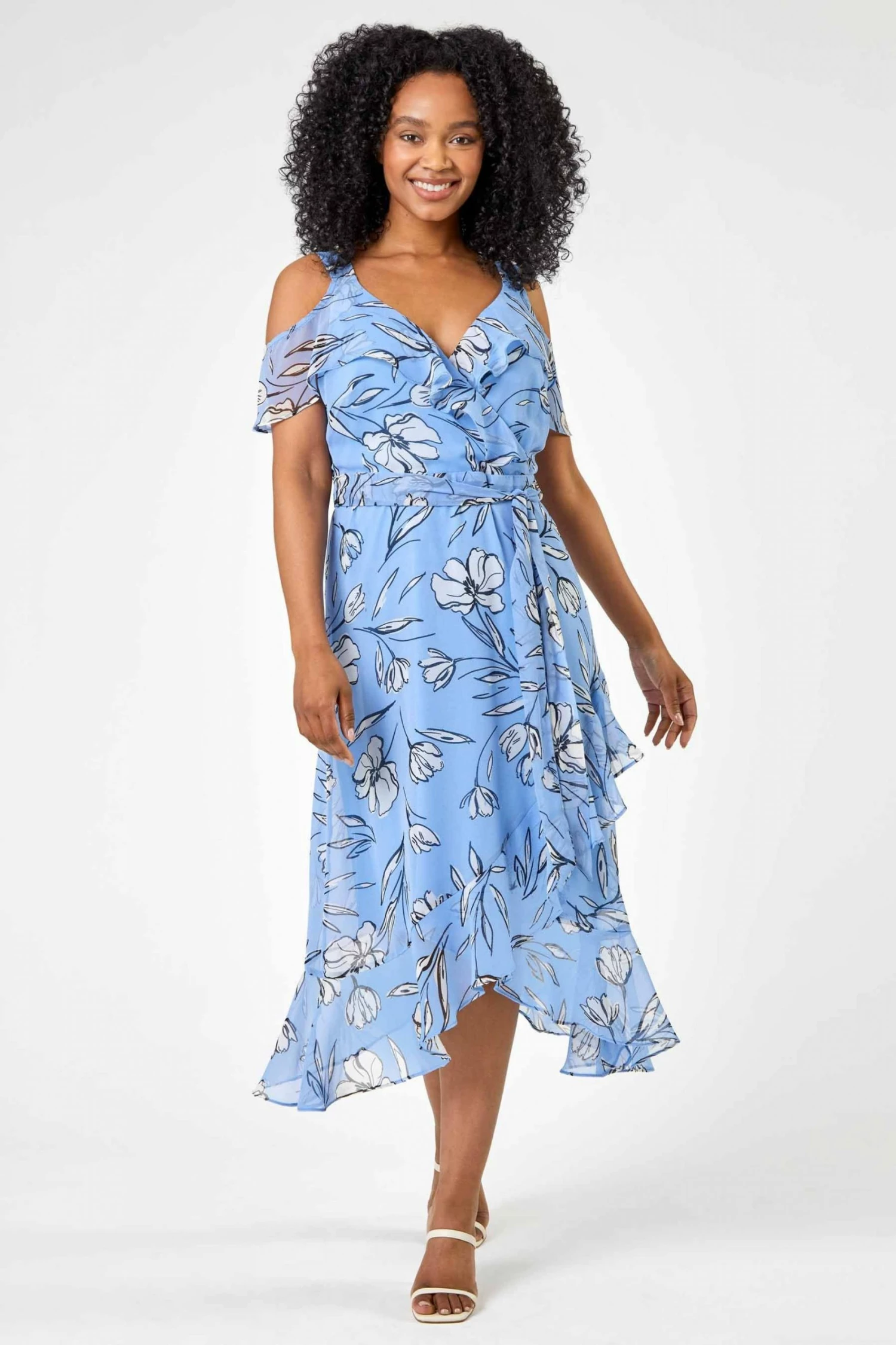 Roman Blue Petite Floral Print Cold Shoulder Midi Dress 3 Roman Blue Petite Floral Print Cold Shoulder Midi Dress