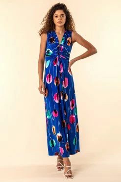 Roman Blue Abstract Floral Print Twist Waist Maxi Dress