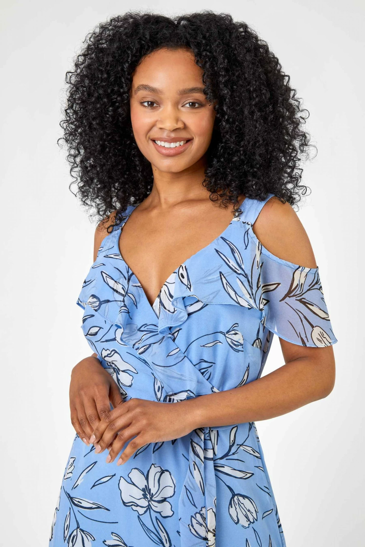 Roman Blue Petite Floral Print Cold Shoulder Midi Dress 6 Roman Blue Petite Floral Print Cold Shoulder Midi Dress - Image 4