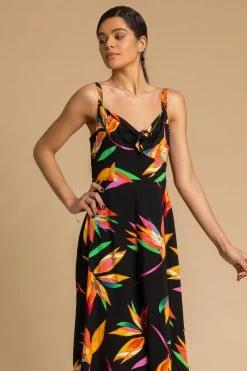 Roman Black Floral Print Tie Front Midi Dress