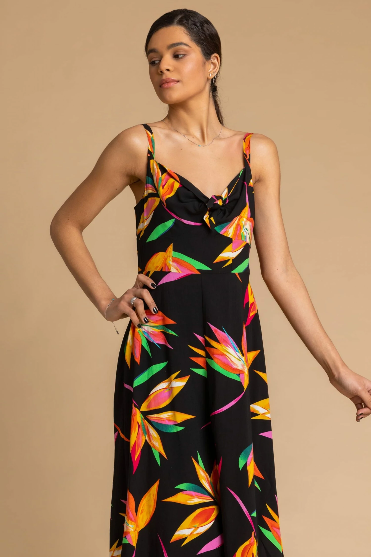 Roman Black Floral Print Tie Front Midi Dress 3 Roman Black Floral Print Tie Front Midi Dress