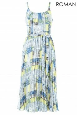 Roman Green Check Print Pleated Midi Dress -Roman Sales Shop unnamed file 2903