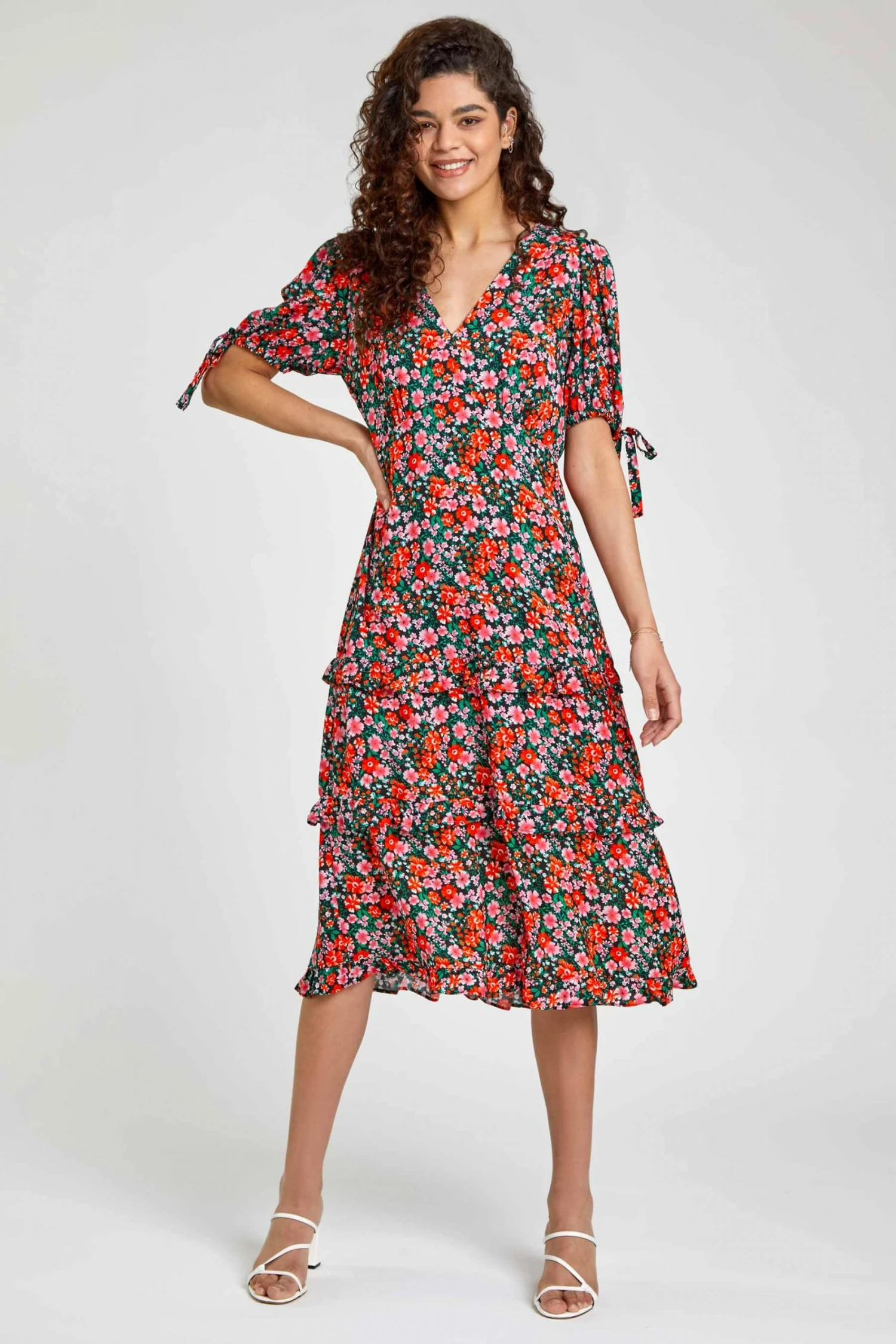 Roman Red Petite Ditsy Floral Tiered Dress 5 Roman Red Petite Ditsy Floral Tiered Dress - Image 3