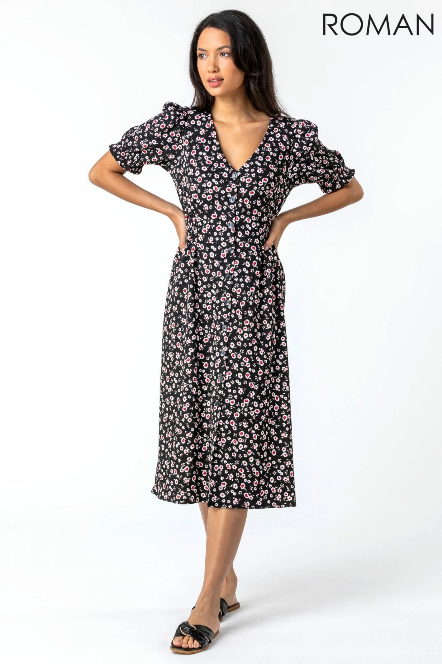 Roman Taupe Floral Print Button Through Dress 5 Roman Taupe Floral Print Button Through Dress - Image 3