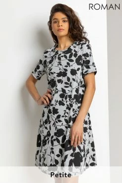 Roman Grey Floral Print Pocket Shift Dress