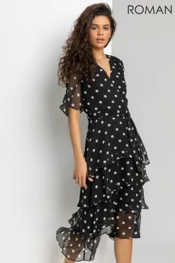 Roman Black Spot Print Tiered Frill Midi Dress