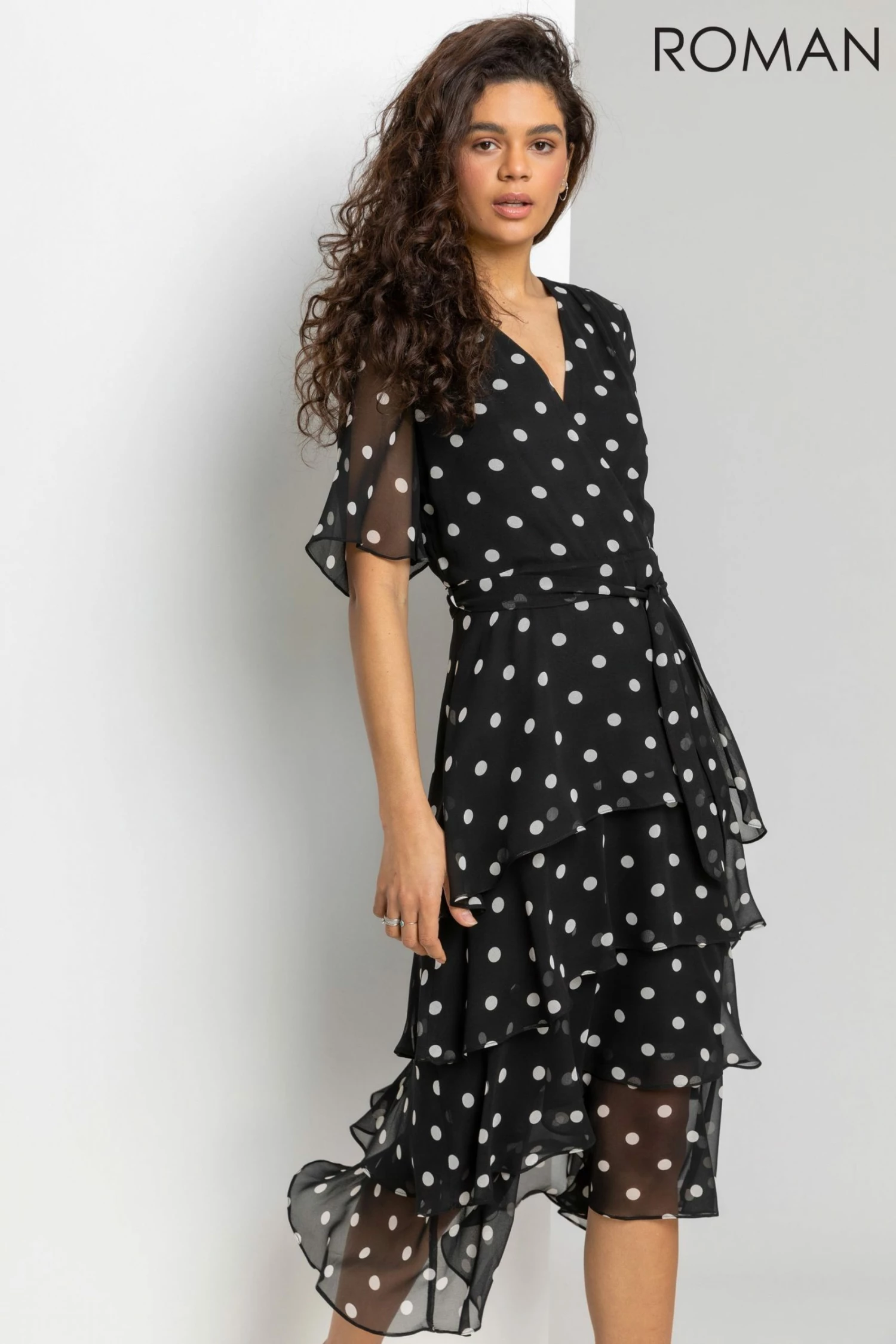 Roman Black Spot Print Tiered Frill Midi Dress 3 Roman Black Spot Print Tiered Frill Midi Dress