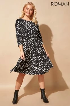 Roman Black Originals Spot Print Pleat Waist Skater Dress