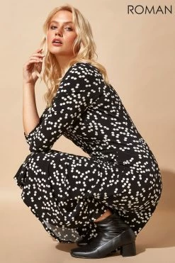 Roman Black Originals Spot Print Pleat Waist Skater Dress -Roman Sales Shop unnamed file 2945