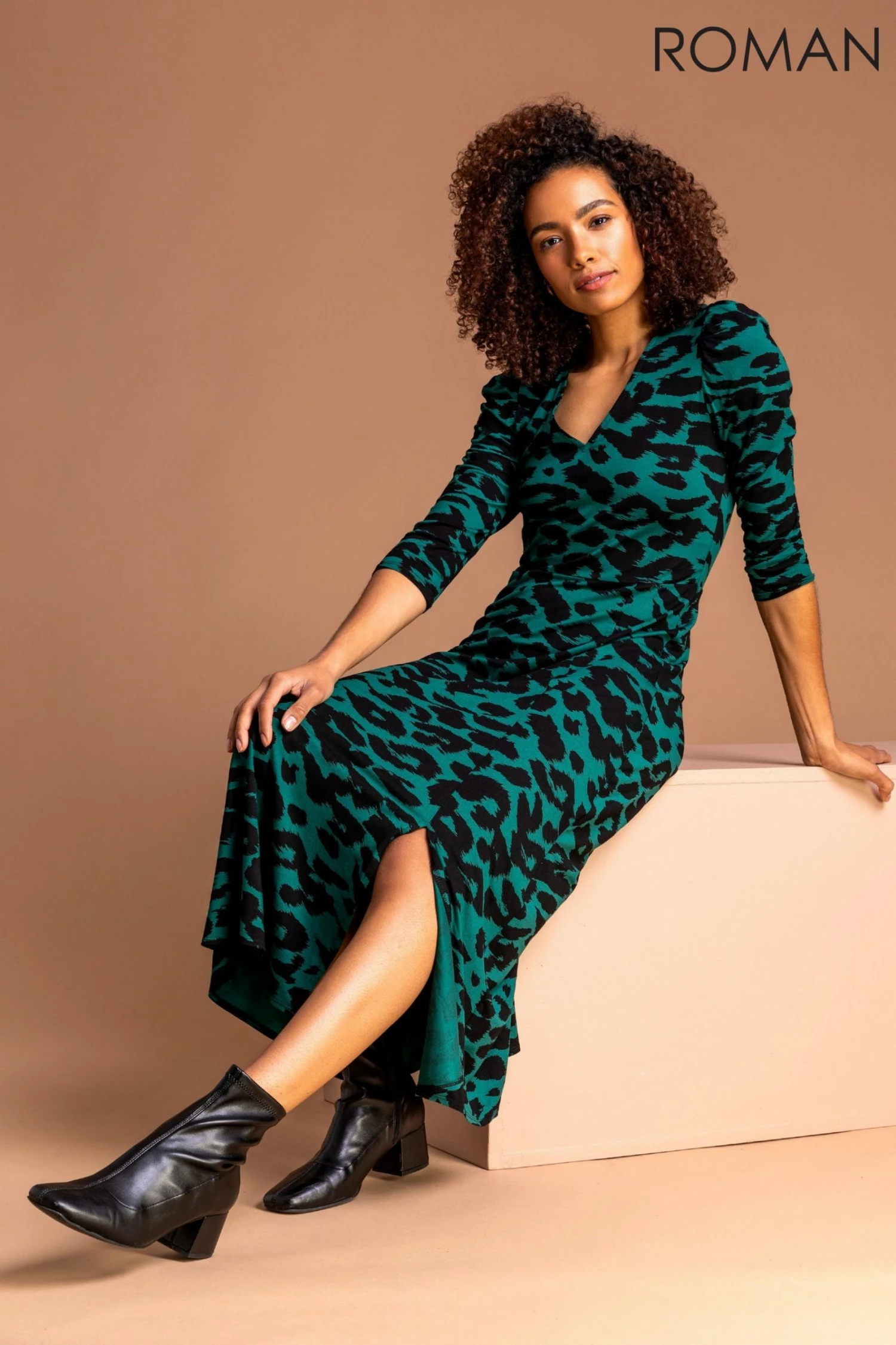 Roman Green Animal Print Long Sleeve Shirt Dress 3 Roman Green Animal Print Long Sleeve Shirt Dress