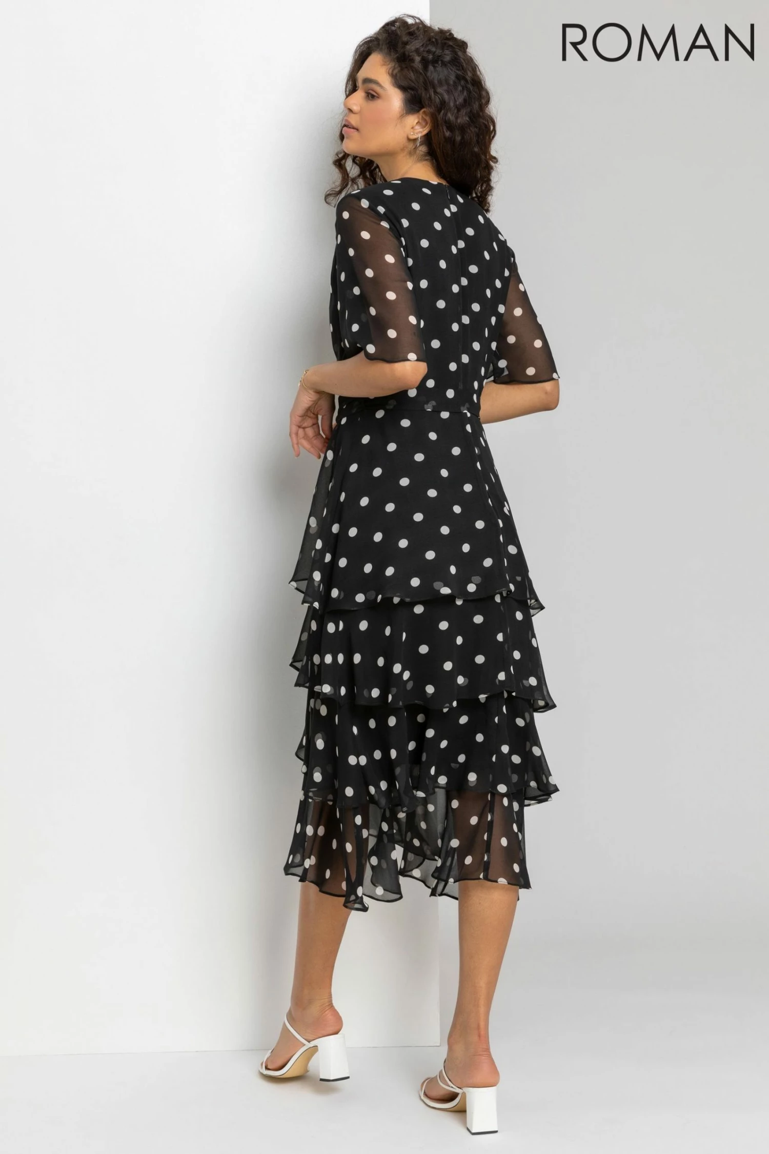 Roman Black Spot Print Tiered Frill Midi Dress 5 Roman Black Spot Print Tiered Frill Midi Dress - Image 3