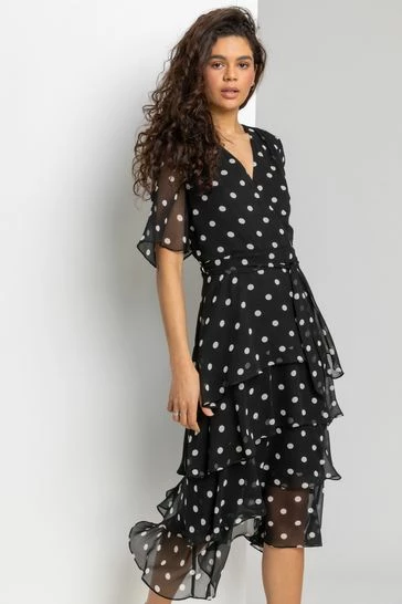 Roman Black Spot Print Tiered Frill Midi Dress 7 Roman Black Spot Print Tiered Frill Midi Dress - Image 5