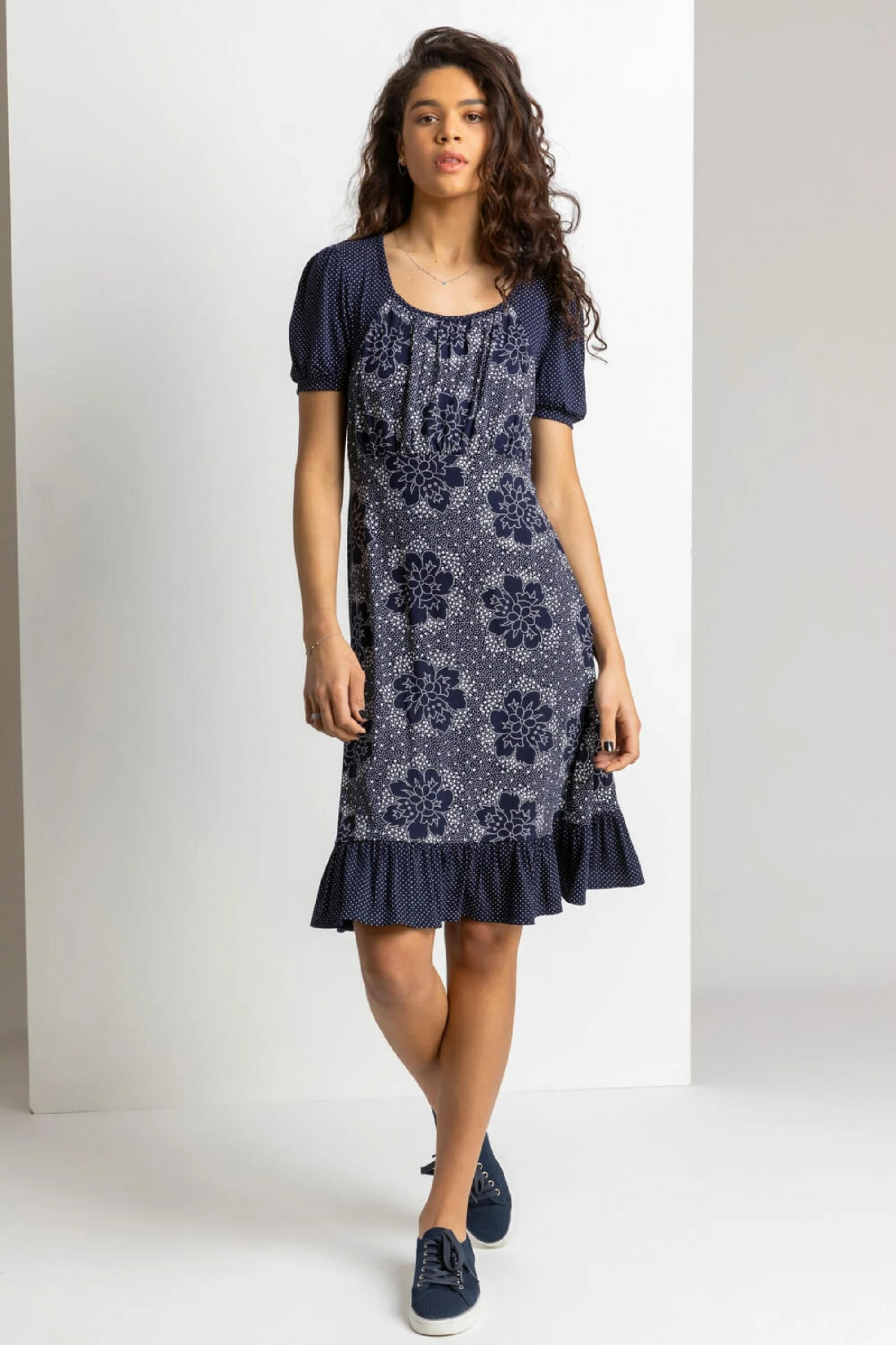Roman Blue Mixed Floral Spot Print Frill Hem Dress 5 Roman Blue Mixed Floral Spot Print Frill Hem Dress - Image 3