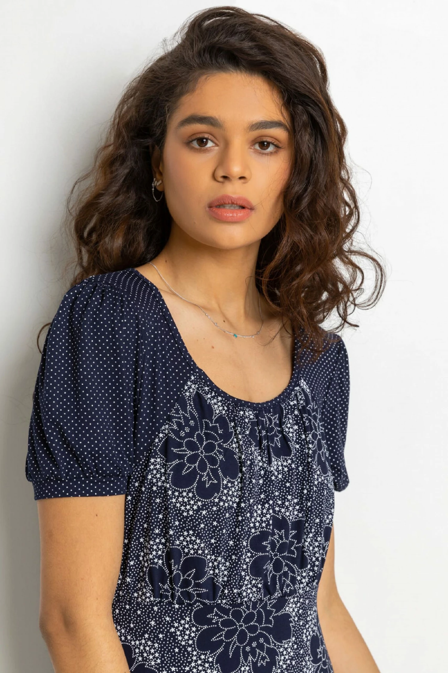 Roman Blue Mixed Floral Spot Print Frill Hem Dress 6 Roman Blue Mixed Floral Spot Print Frill Hem Dress - Image 4