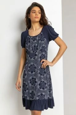 Roman Blue Mixed Floral Spot Print Frill Hem Dress 12 Roman Blue Mixed Floral Spot Print Frill Hem Dress -Roman Sales Shop unnamed file 2986