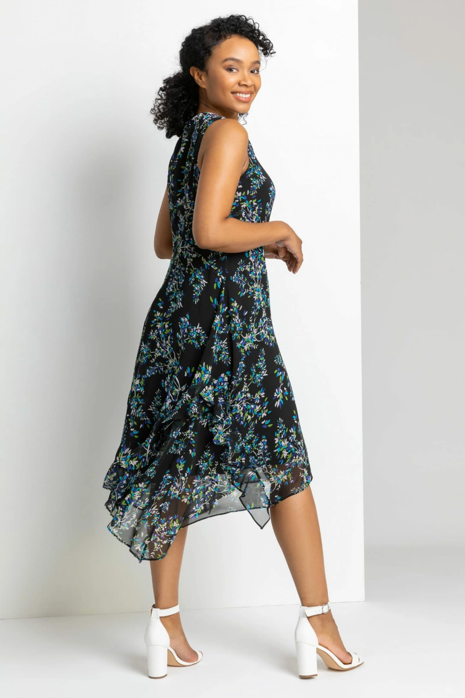 Roman Black Petite Floral Print Hanky Hem Dress 4 Roman Black Petite Floral Print Hanky Hem Dress - Image 2