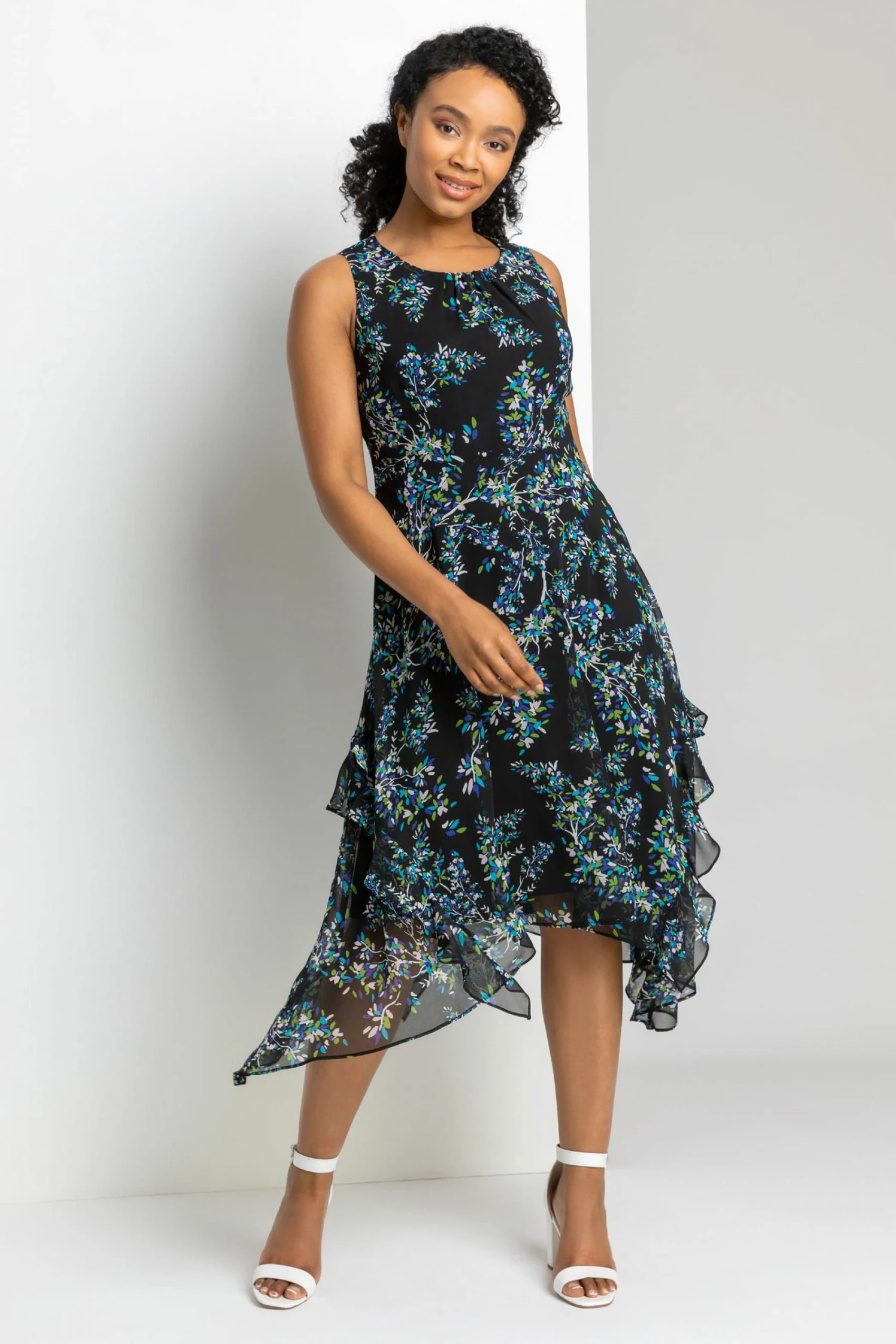 Roman Black Petite Floral Print Hanky Hem Dress 5 Roman Black Petite Floral Print Hanky Hem Dress - Image 3