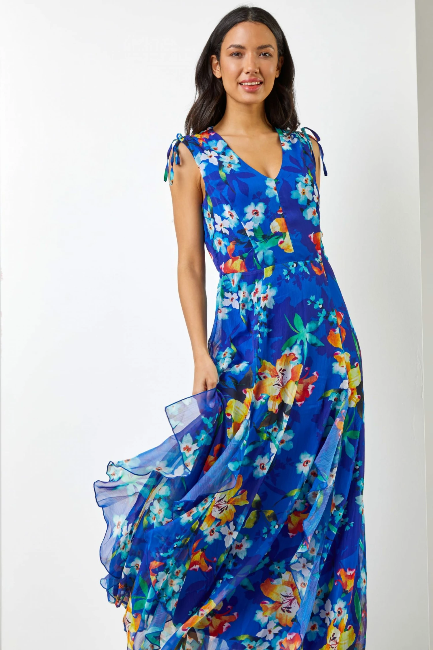 Roman Blue Floral Print Frill Detail Maxi Dress 3 Roman Blue Floral Print Frill Detail Maxi Dress