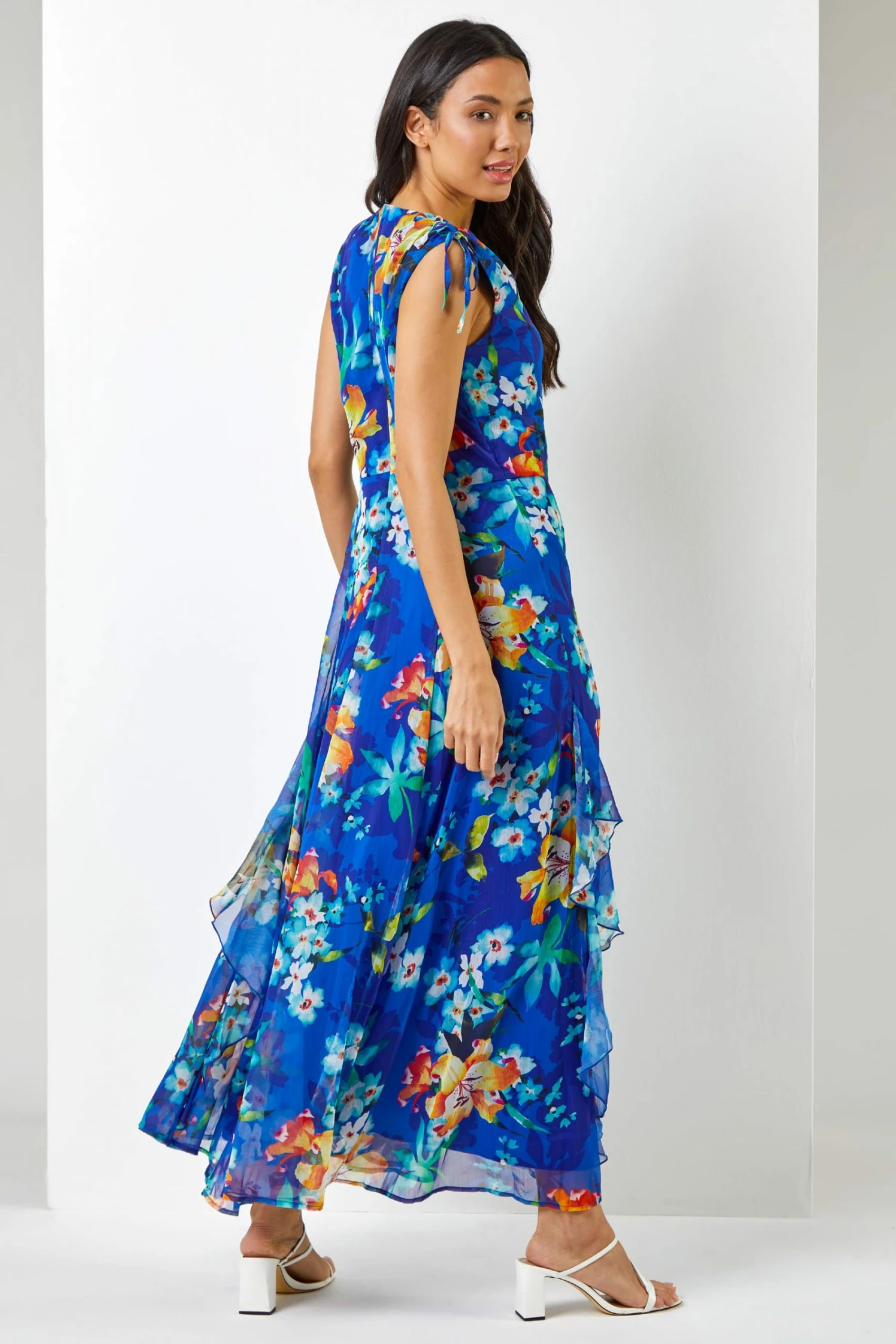 Roman Blue Floral Print Frill Detail Maxi Dress 4 Roman Blue Floral Print Frill Detail Maxi Dress - Image 2