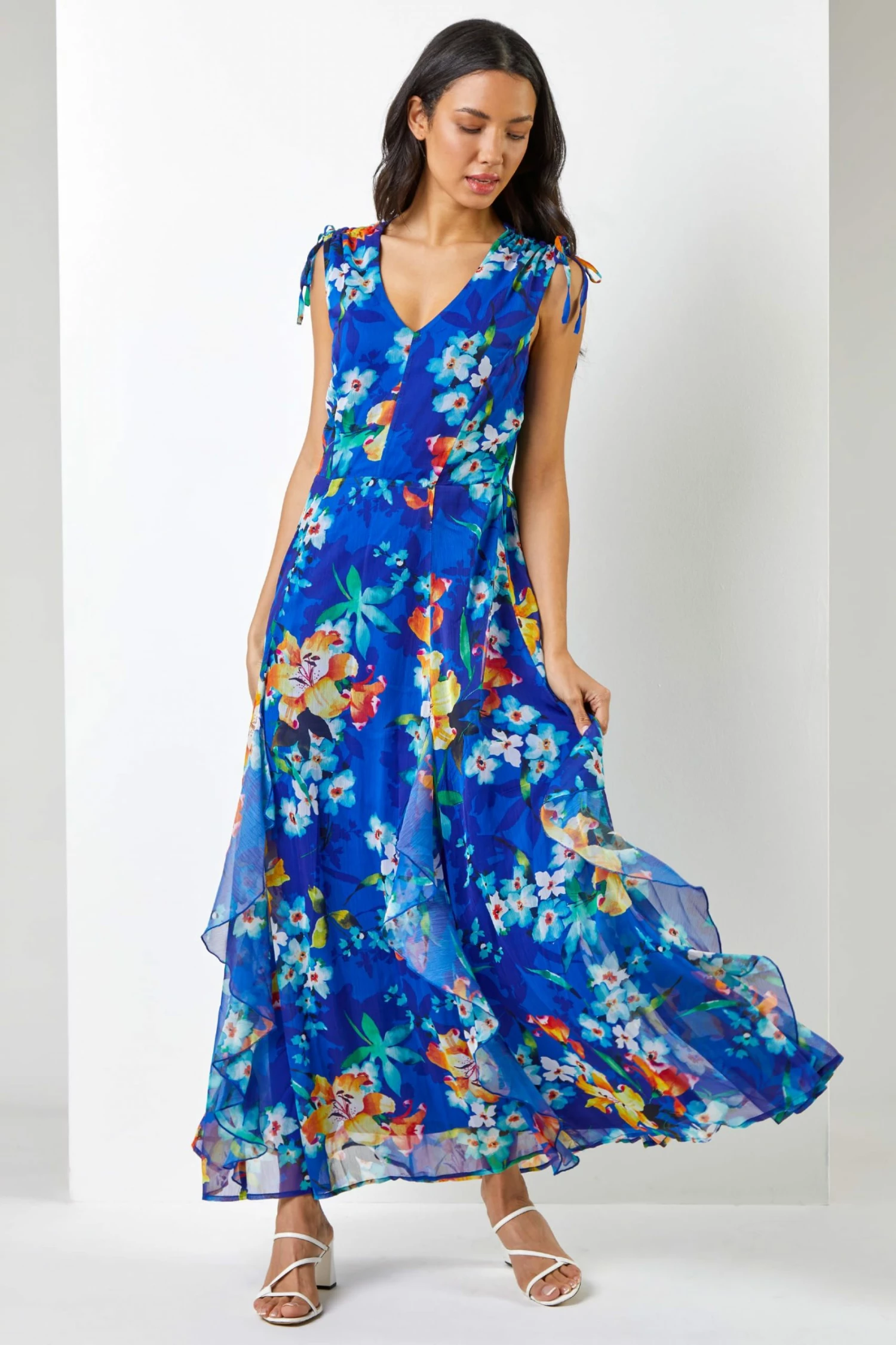 Roman Blue Floral Print Frill Detail Maxi Dress 5 Roman Blue Floral Print Frill Detail Maxi Dress - Image 3