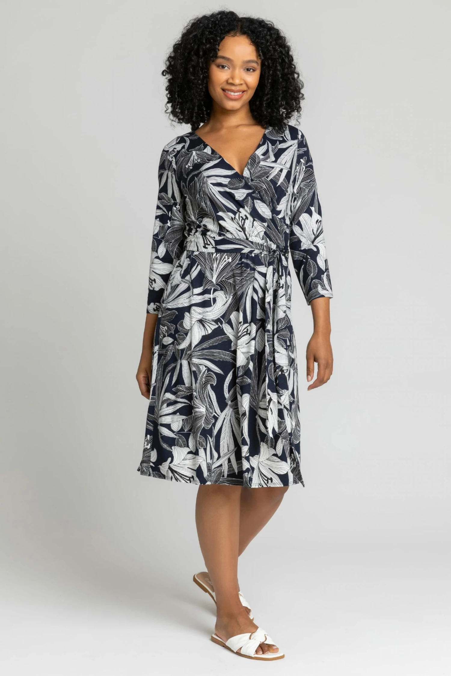 Roman Blue Petite Floral Lily Print Belted Wrap Dress 5 Roman Blue Petite Floral Lily Print Belted Wrap Dress - Image 3