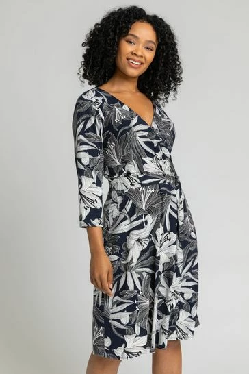 Roman Blue Petite Floral Lily Print Belted Wrap Dress 7 Roman Blue Petite Floral Lily Print Belted Wrap Dress - Image 5
