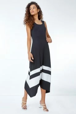 Roman Black & White Border Print Jersey Stretch Midi Dress