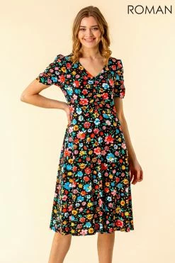 Roman Black Floral Print Gathered Front Dress