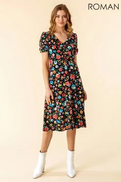 Roman Black Floral Print Gathered Front Dress -Roman Sales Shop unnamed file 3017