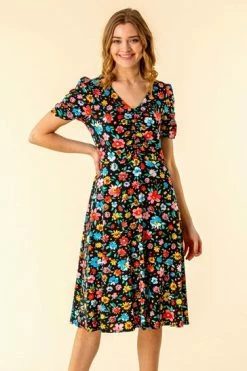 Roman Black Floral Print Gathered Front Dress -Roman Sales Shop unnamed file 3018