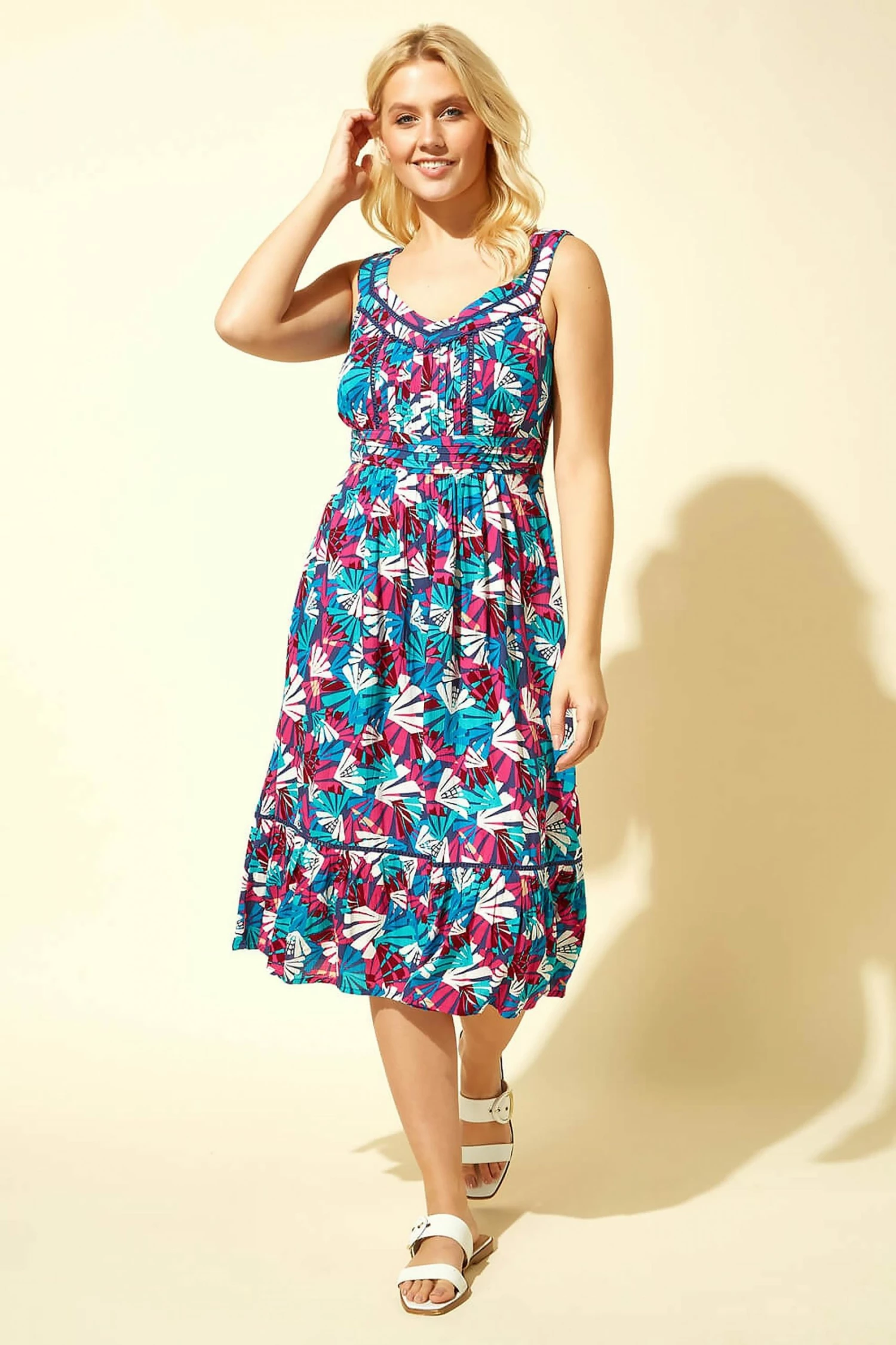 Roman Black Palm Print Midi Length Sun Dress 3 Roman Black Palm Print Midi Length Sun Dress