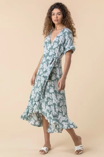 Roman Green Leaf Print Wrap Midi Dress 7 Roman Green Leaf Print Wrap Midi Dress - Image 5