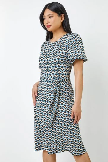 Roman Blue Petite Geo Print Jersey Dress 7 Roman Blue Petite Geo Print Jersey Dress - Image 5