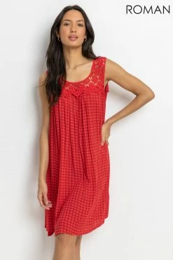 Roman Red Ditsy Print Lace Yoke Swing Dress