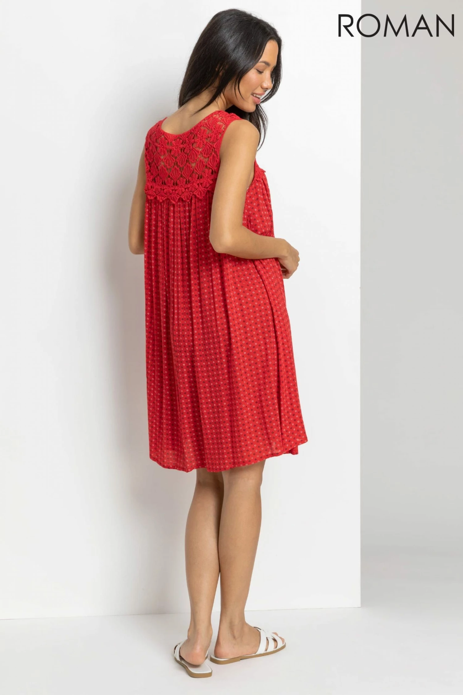 Roman Red Ditsy Print Lace Yoke Swing Dress 4 Roman Red Ditsy Print Lace Yoke Swing Dress - Image 2
