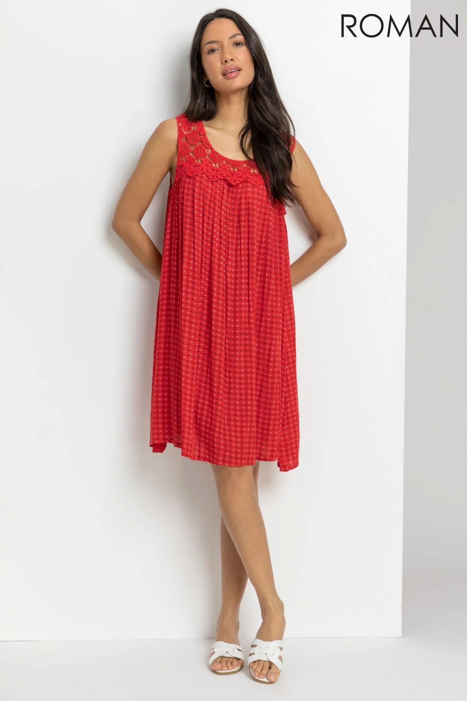 Roman Red Ditsy Print Lace Yoke Swing Dress 5 Roman Red Ditsy Print Lace Yoke Swing Dress - Image 3