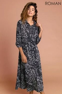 Roman Black Animal Print Belted Shirt Dress
