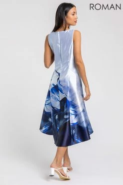 Roman Blue Floral Print Dipped Hem Midi Dress -Roman Sales Shop unnamed file 305