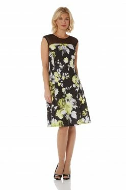 Roman Yellow Contrast Floral Print Fit & Flare Dress