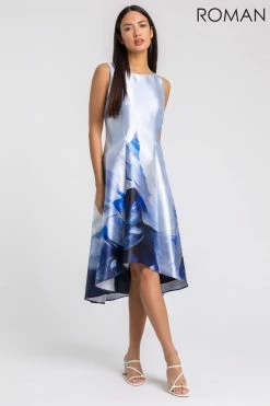 Roman Blue Floral Print Dipped Hem Midi Dress -Roman Sales Shop unnamed file 306