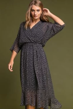 Roman Black Ditsy Floral Midi Wrap Dress
