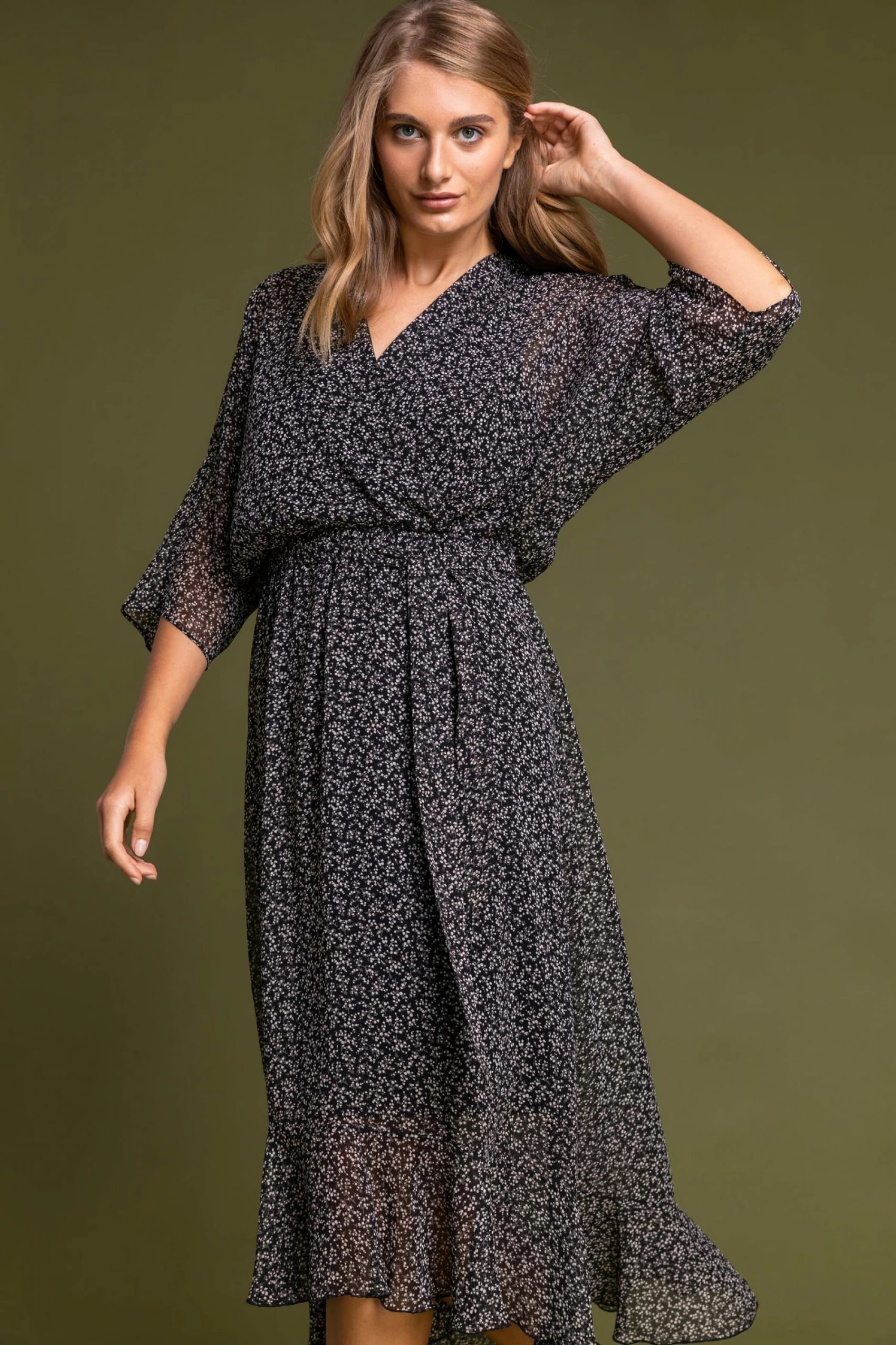 Roman Black Ditsy Floral Midi Wrap Dress 3 Roman Black Ditsy Floral Midi Wrap Dress