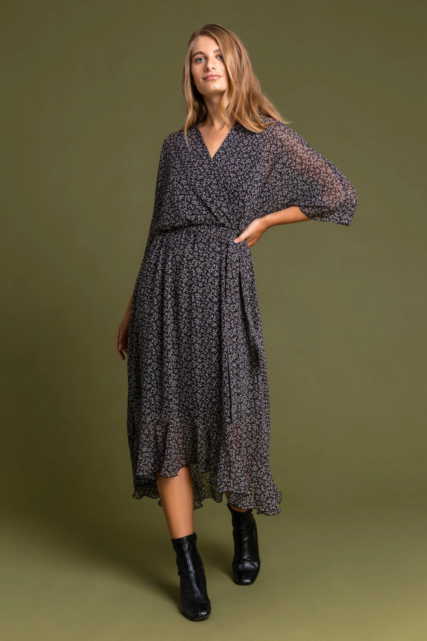 Roman Black Ditsy Floral Midi Wrap Dress 4 Roman Black Ditsy Floral Midi Wrap Dress - Image 2