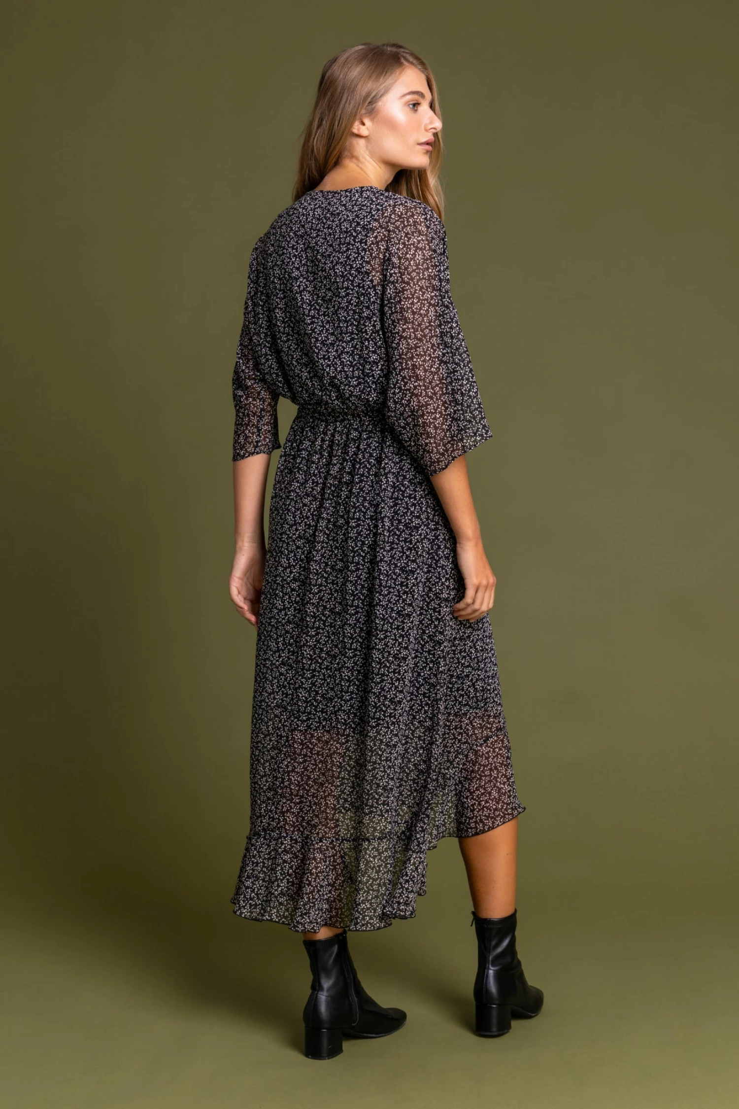 Roman Black Ditsy Floral Midi Wrap Dress 5 Roman Black Ditsy Floral Midi Wrap Dress - Image 3