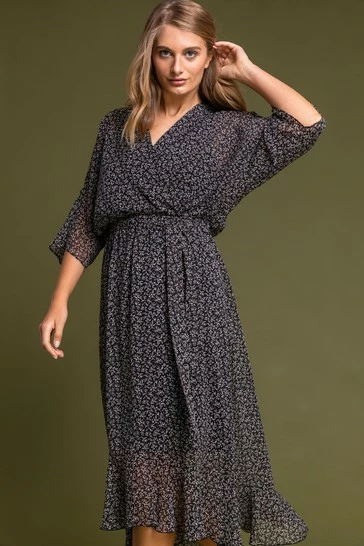 Roman Black Ditsy Floral Midi Wrap Dress 8 Roman Black Ditsy Floral Midi Wrap Dress - Image 6