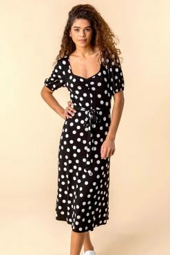 Roman Black Ruched Neck Spot Print Midi Dress -Roman Sales Shop unnamed file 3069