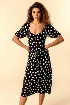 Roman Black Ruched Neck Spot Print Midi Dress -Roman Sales Shop unnamed file 3071